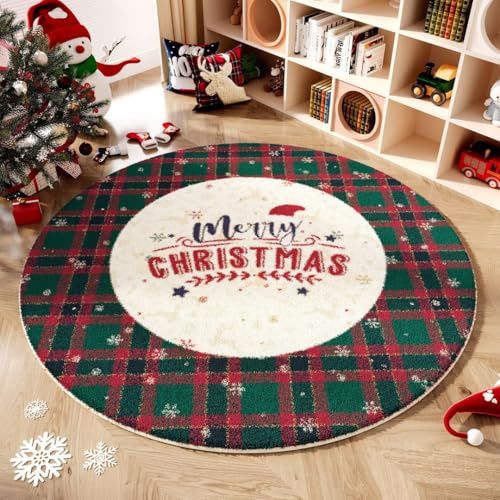 ENEN Weihnachten Runden Teppich Wohnzimmer, Kuscheliger Teppich Schlafzimmer Kurzflor Stilvoll Wohnzimmerteppich Anti-Rutsch Unterseite (Weiß rot grün,140cm)