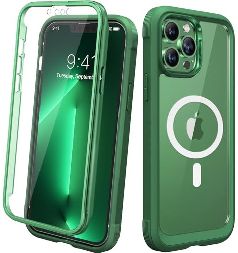 Diaclara Magnetic for iPhone 13 Pro Max Case 6.7-Inch, Full Body Bumper Case with Built-in Touch Sensitive Anti-Scratch Screen Protector, [Full Camera Protection] Flip Case (Acacia Green)