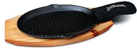 Jim Beam JB0159, robuste Konstruktion, vorbehandelte Gusseisenpfanne mit Holzsockel und Handschuh, schwarz, klein