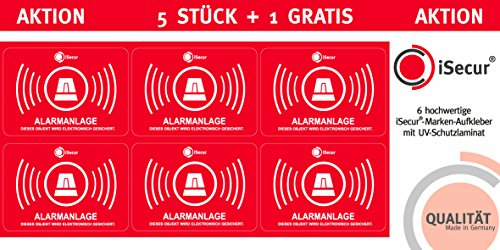 5er Aufkleber-Set Alarmanlage I hin456 I 6x4 cm I Achtung Objekt wird elektronisch alarm-gesichert I für Fenster-Scheibe, Tür I innenklebend