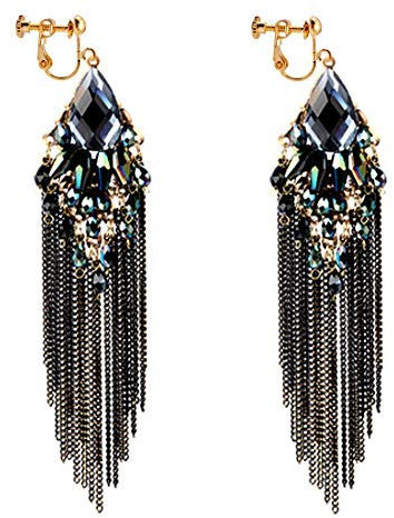 CNCbetter Women Fashion Charms Black Crystal Charms Long Dangle Tassel Screw Back Clip On Earring