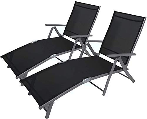 garden mile® Twin Pack of 7 Position Foldaway Sunlounger | Aluminium Frame Summer Garden Furniture Reclining Decking Chair sun Lounger Powder Coat Finish with Black Sling