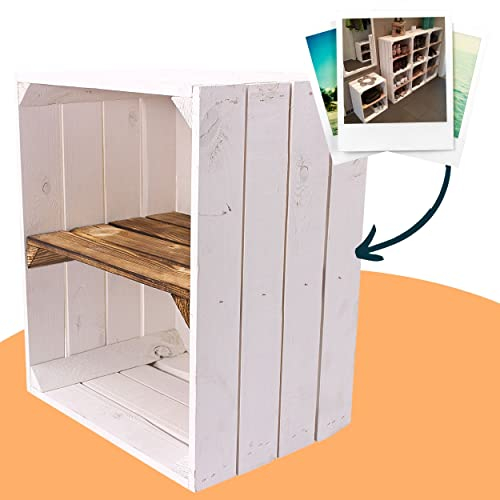 3 neue weiße Holzkisten | hochkant mit geflammten Mittelbrett | 40x30x50 cm | Obstkiste für Deko, Flaschen, Schuhe, Möbelbau (3)