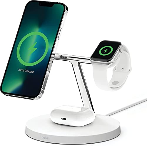 Belkin BoostCharge PRO 3-in-1 kabelloses Ladegerät mit MagSafe für iPhone 13, Apple Watch, AirPods (lädt iPhone-13-Modelle bis zu 15 W), Weiß