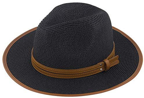 Muryobao Chapeau de paille Panama pliable Fedora pour femme à large bord UPF50+ - noir - Taille unique