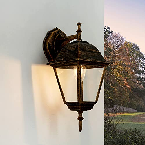 Licht-Erlebnisse Wandlaterne Außen aus Glas Aluminium in Schwarz Kupfer IP44 Garten H:34,5 cm E27 hängend nostalgische Außenwandleuchte Balkon TIROL