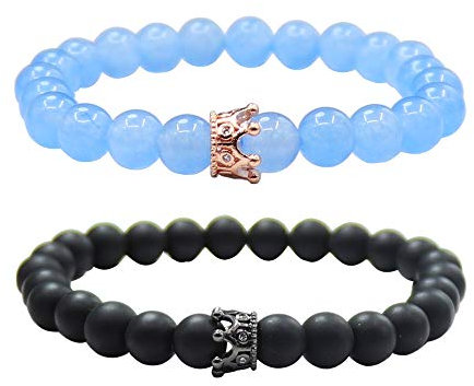 UEUC King&Queen Crown Distance Paar Armbänder His Hers Schwarz Matt Achat 8mm Perlen Armband(78)