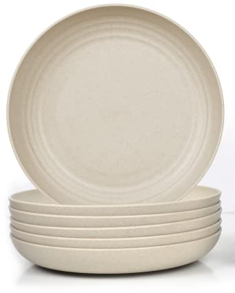 JSYMJSY Lot de 6 assiettes creuses de 23 cm - Incassables - En plastique - Réutilisables - Légères - Sans BPA - Passent au micro-ondes - Passent au lave-vaisselle - Beige