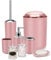 IMAVO Set di accessori da bagno – Set di 8 accessori da bagno rosa con bidone della spazzatura, dispenser di sapone, portasapone, portaspazzolino, tazza per spazzolino da denti, porta scopino per WC,