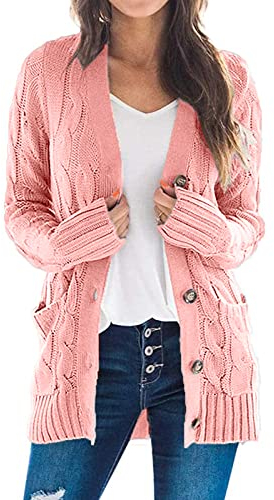 Maavoki Cardigan da donna, lungo, elegante, aperto, a maglia grossa, a maniche lunghe, con bottoni e tasche, Rosa-a, L