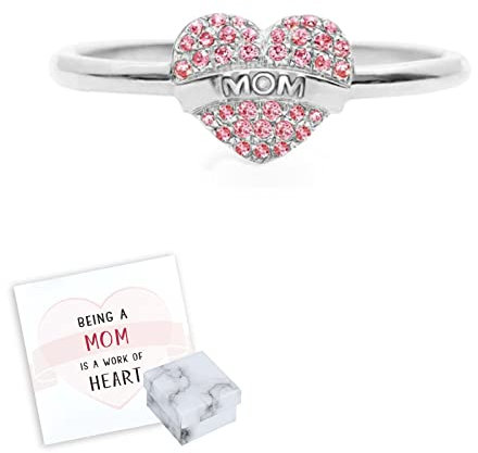 OVNMFH Being A Mom is A Work of Heart Pavé Mom Heart Ring, MOM Pink Zircon Open Adjustable Ring, Women's Heart Self Love Ring Schmuck Geschenk für Frauen und Mädchen (Silver)