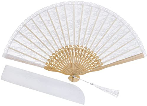 choyaxo Lace Handheld Chinese Folding Fan Bamboo Silk Folding Fan for Women Wedding Decoration Dancing Party, White