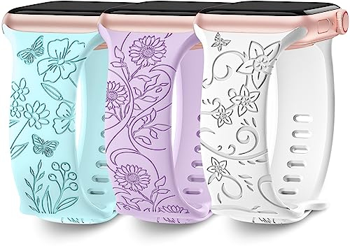 AMSKY 3 Stück Floral Gravierte Band Kompatibel mit Apple Watch Armband 40mm 41mm 44mm 46mm 45mm 38mm 42mm 49mm Damen, Silikon Ersatzarmband Kompatibel mit iWatch Armband Se Ultra 10 9 8 7 6 5 4 3 2 1