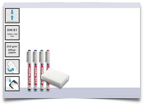 Din B1 wiederbeschreibbare Papiertafel feucht abwischbar 70x100 cm inkl. 4er Marker und Schwamm, beidseitig beschreibbar für Business, Schule Familien und andere Projekte. Rückseite weiß - Gigatime