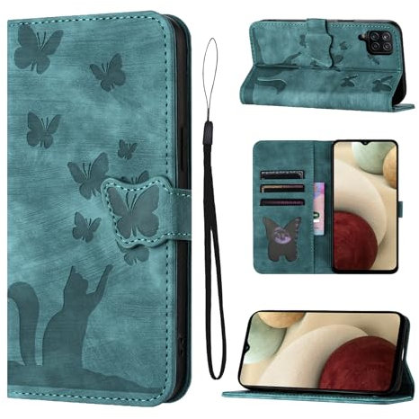 LSPCASA Klappschutzhülle Für Samsung Galaxy A12 6.5 Zoll Standfunktion Samsung Galaxy A12 Hülle Mit Kartenfächern Samsung A12 Hülle Katzen Schmetterlingsmuster Lederhülle Grün