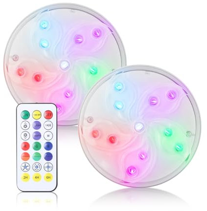 Lot de 2 Lumières LED Submersible, 8cm Lampe Sous-Marines Étanche,16 Couleurs et 4 Modes, Magnétique, Éclairage Télécommandes, Décoration pour Bateau, Piscine, Aquarium, Fête(Piles Non Incluse)
