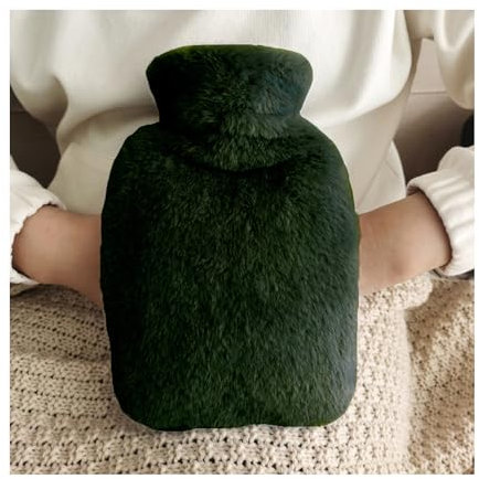 Hot Water Bottle with Cover,1L 2L Large Hot Water Bag with Fluffy Hand Pockets, Hot Warm Bottle for Waist Neck Shoulder Pain Relief, Winter Gift for Women, Men,Parents Dark Green