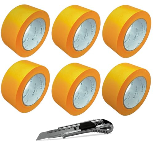 ART COLOR 6x Profi Goldband 50mm x 50m inkl. Cuttermesser - Maler Klebeband für exakte Farbkanten - UV beständiges Abklebeband - Alu Teppichmesser