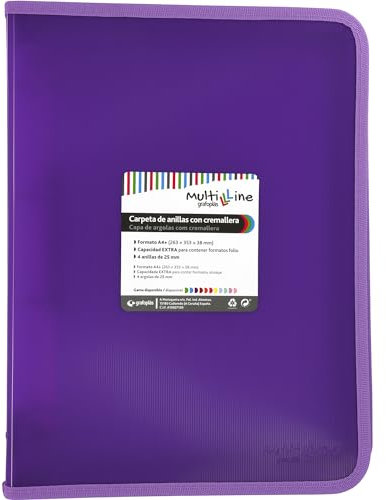 Grafoplás Raccoglitore ad anelli con cerniera A4+, viola, Multiline, 4 anelli misti 25 mm, copertina in polipropilene a righe verticali, capacità extra per fogli di carta formato foglio
