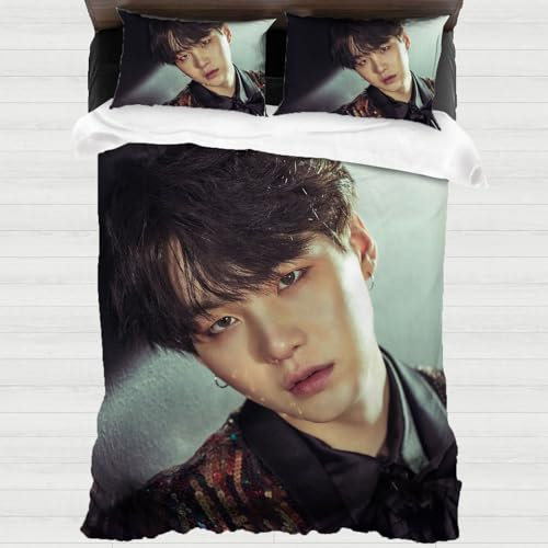 XYOK BTS Kinder Bettwäsche K-Pop Bettbezüge Mikrofaser Bettwäsche Sets Kissenbezug Schlafzimmer dekorative 3-teilig Mädchen Geschenke (Suga, 135x200cm)