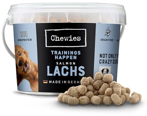 Chewies Trainings-Happen Lachs Hundeleckerli getreidefrei, Soft und ohne Zucker - Monoprotein Hunde-Leckerlis im wiederverschließbaren Eimer - Made in Germany (8 x 300 g)