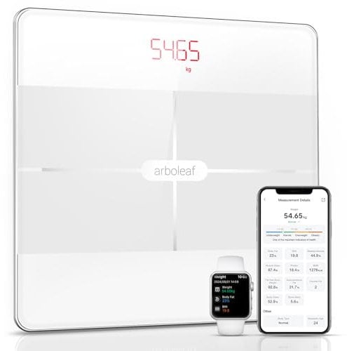 arboleaf Waage Personen Körperanalyse, Körperfettwaage digital mit App und 13 Körpermasse 396lb/180kg, Bluetooth Personenwaage für BMI, Körperfett und Muskeln, Protein, BMR usw. (Weiß)