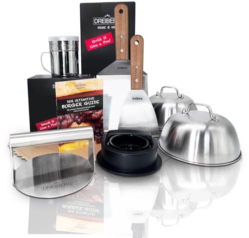 DREIBERG® Burger Set aus Buchenholz und Edelstahl für Plancha, Gasgrill, Teppanyaki inkl. Grillspachtel Set, Burgerpapier, Schmelzglocken, Grillpresse, Gewürzstreuer und Rezeptbuch (9-TLG.)