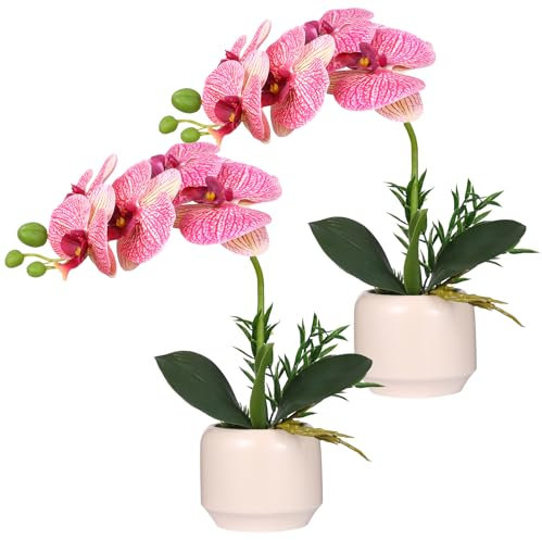 Kisflower 2 pack Potted Orchid Plant Fake Phalaenopsis Flowers with Plastic Vase,Artificial Orchid Flowers in Pot for Table Centerpieces Living Room Home(2 Pink)