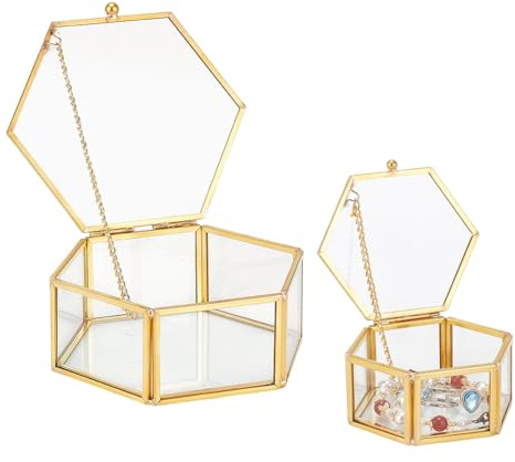 PH PandaHall 2 Tamaño Caja De Joyero De Vidrio Exhibidor De La Joyería Hexagonal Caja Dorada Vintage Caja Decorativa Caja De Recuerdos Para Mujeres Anillo De Almacenamiento Pendientes