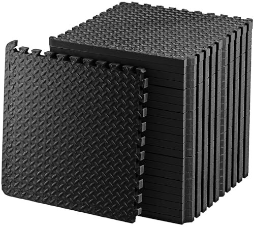 Exercise Foam Mat - Anti fatigue Protective Interlocking Puzzle EVA Floor Tiles with Edges - Gym Flooring Mats - Non slip Rubber Cushion for Underlay (Black, 12 Tiles (48 Square Feet))