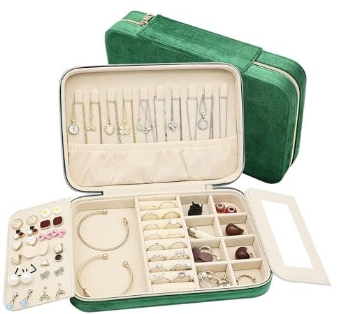Boxudeli Reise-Schmuckkästchen, großes Schmucketui aus Samt, tragbarer kleiner Schmuck-Organizer für Ohrringe, Ringe, Halsketten, Armbänder, Reise-Schmuckaufbewahrungsbox für Frauen (Dunkelgrün)