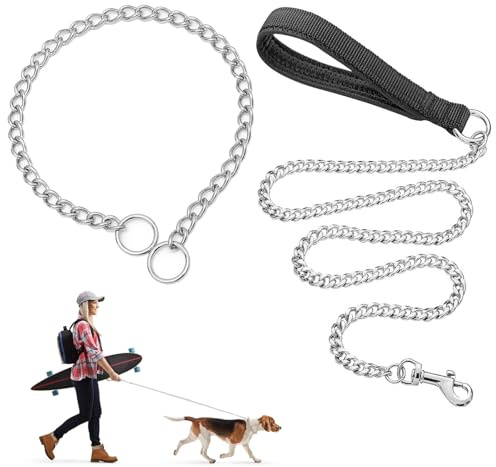 Metal Dog Chain Collar 65cm, Ø 4mm, with Metal Dog Lead 120cm/4ft | Slip Collar for Dogs Suitable for Medium And Large Dogs, Durable Thick, Anti-Bite, Adjustable, for Dog Training, Dog Walkin