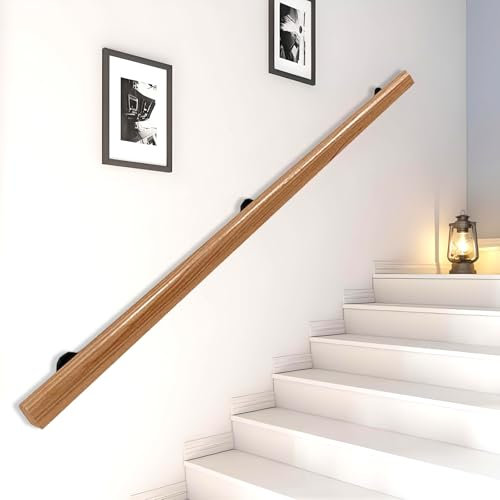 Holz Handläufe für Innen Treppen, Massivholz Dekor Treppengelander, Rutschfester Wandhandlauf Geländer mit Halter montage Set, Barrierefreie Treppen Haltegriff mit Halter (holzfarbe, 200cm)