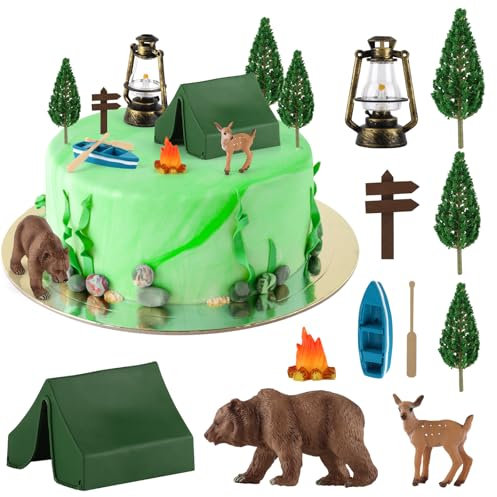 Hooqict 12 Pcs Camping Cake Decorations Set with Mini Tent, Campfire, Tree, Camp Sign, Safari Animals Camping Cake Toppers for Kids Adults Forest Themed Birthday Party Supplies