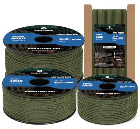 Kamu Synber 2mm Paracord 15M 100% Nylon 1 Hebra Cuerda Paracord Tipo I para Supervivencia, Exteriores, Bricolaje | Soporta 45kg | Verde Militar