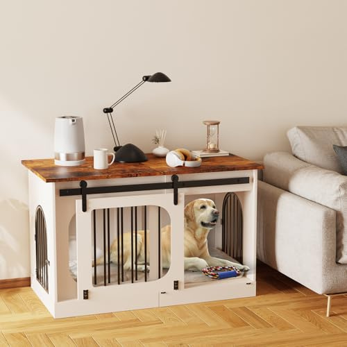 XXL Dog Crate Furniture, 120cm Dog Cage with Cushion, Barn Door White Brown | Wooden Dog Crate with 3 Door, Indoor Dog Kennel, End Table, for Large Extra Large Dogs