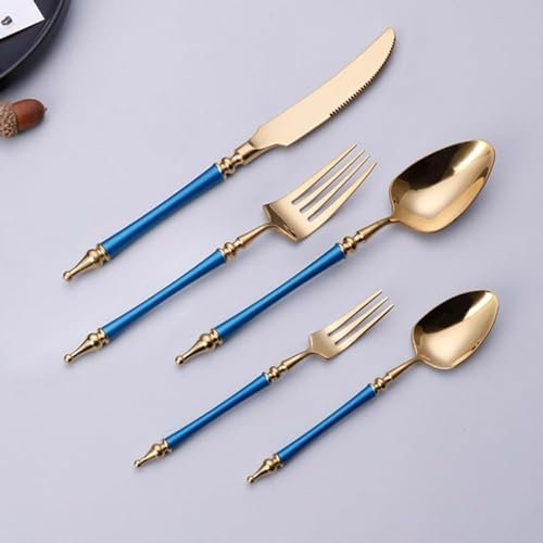 Cutlery Set Tableware Silverware Stainless Steel Handle,Luxury Roman Pillar Handle Stainless Steel Silverware Tableware Set with Steak Knife Fork Spoon Teaspoon Blue Gold (20 Pieces)