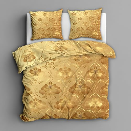 Generisch Bettwäsche 140x200 Gold Vintage Barock Design, 2teilig - Ethnisch Blumen Boho Damast Bettbezug und 1 Kissenbezug 70x90, Wendebettwäsche, Schlafzimmer Deko, Mikrofaser, mit Reißverschluss 7B