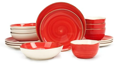 Juego de vajilla Highland de 16 piezas para 4 personas, platos y cuencos de cerámica orgánica, resistente a arañazos, apto para microondas y lavavajillas, efecto moteado artesanal, color rojo espiral.