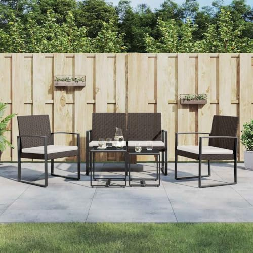 Teenpull 5-TLG. Garten-Essgruppe, Braun PP-Rattan mit Kissen, Outdoor Möbel Set für Terrasse, Balkon, Essbereich, inkl. Stühle, Bank, Tische, stabil, wetterfest