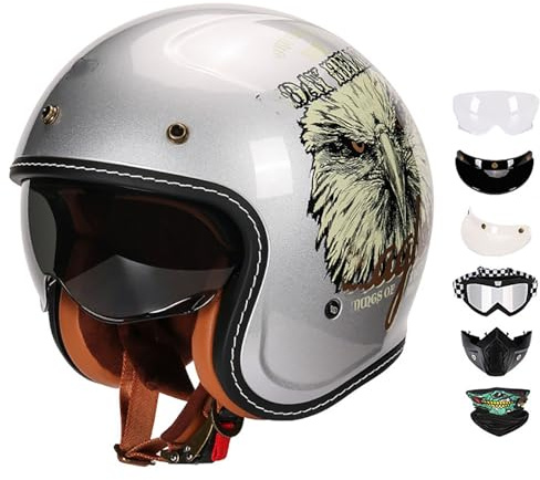 Vintage Motorcycle Half Helmet, Retro Jet Helmet with Visor, 3/4 Open Face Motorcycle Helmet, Ece Certified, Retro Style, Unisex. C,M:53-54CM