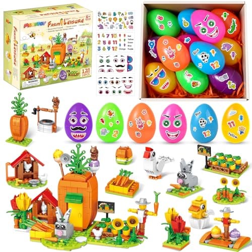 MOONTOY Mitgebsel Kindergeburtstag Gastgeschenke, 12 Eier mit Bausteinsets | Spielzeug mit 4 Stickern, DIY Baustein Geburtstag Party Geschenke für Jungen und Mädchen 3+, Karotten-Farm mit Hase & Tulpen