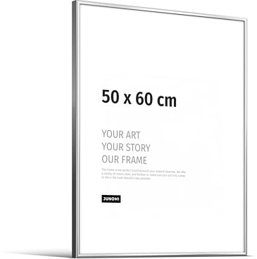 JUNOMI® Bilderrahmen 50x60 cm, Aluminium Silber glänzend, Posterrahmen | Moderner schmaler Rahmen aus Aluminium mit bruchsicherem Acrylglas, Hoch- und Querformat, für Fotos, Poster und Kunstdrucke