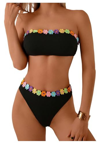 GORGLITTER Women's 3D Floral Bandeau Strapless Bikini Sets Bandeau Swimsuit