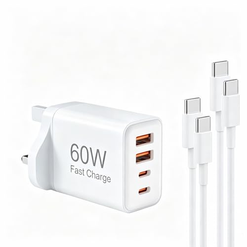 USB C Plug 60W, 4-Port Fast Charger with Cable, UK Plug Dual Port PD USBC Power Adapter QC Multi Mains Wall Charger Type C Charging Head for lPhone 17/16/15/14 13/12/11 Pro Max Plus XS XR SE, lPad