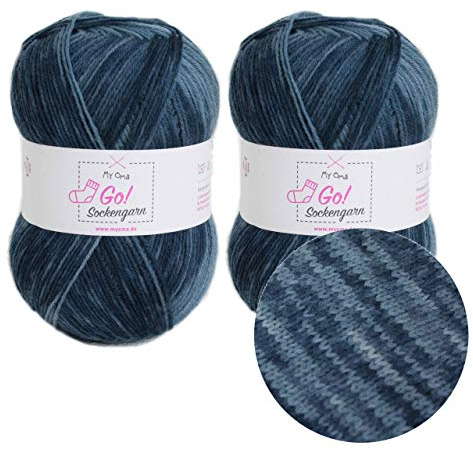 My Oma Sockengarn Go! Tiefsee (Fb 323) - 2 Knäuel Blaues Sockengarn, 4-Fädig, Nadelstärke 2,5-3mm, 200g Wolle zum Socken Stricken, Farbverlauf