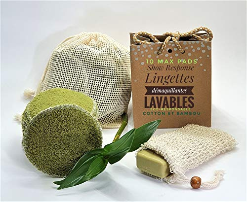 Show Response - Double-Sided Eco-Friendly Make-Up Remover Cotton Kit, 11 x 11 cm, Washable Baby Wipes, Antibacterial Reusable, 10 Maxi Organic Cotton/Wash Net, Exfoliating Glove and Vegetable Sponge
