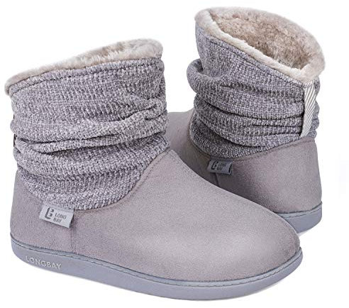 LongBay Ladies' Warm Chenille Knit Bootie Slippers Women's Comfy Suedette Fluffy Faux Fur Memory Foam Boots House Shoes(3-4 UK,Grey)