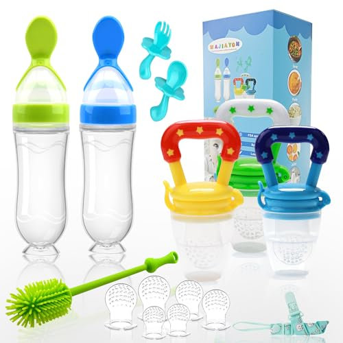 Food Feeder Baby Fruit Feeder Pacifier (3 Pcs) with 6 Different Sized Silicone Pacifiers 2 PCS Silicone Baby Food Dispensing Spoon 90ML with 2 Baby Spoons Silicone Bottle Brush Pacifier Clip