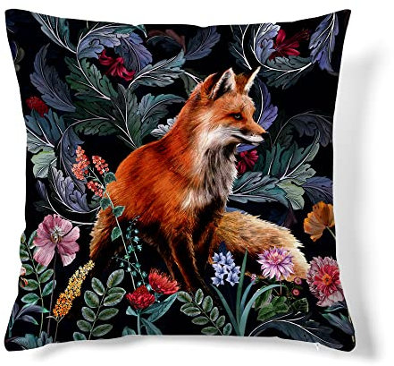 Obal William Morris Inspirierte Kissenbezüge Original Design Samtkissen Hülle Square Dekorative Wurfkissenbezug 45x45 cm für Sofa Bett Couch Wohnzimmer Schlafzimmer Wald Fuchs 1pc